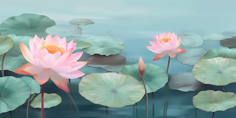 绿色清爽夏天三只荷花在池塘里绽放中国风背景插画,插画/手绘图,插画/手绘图库,插画/手绘图下载,插画/手绘